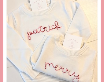Hand Embroidered Baby Name Candy Cane Sweater