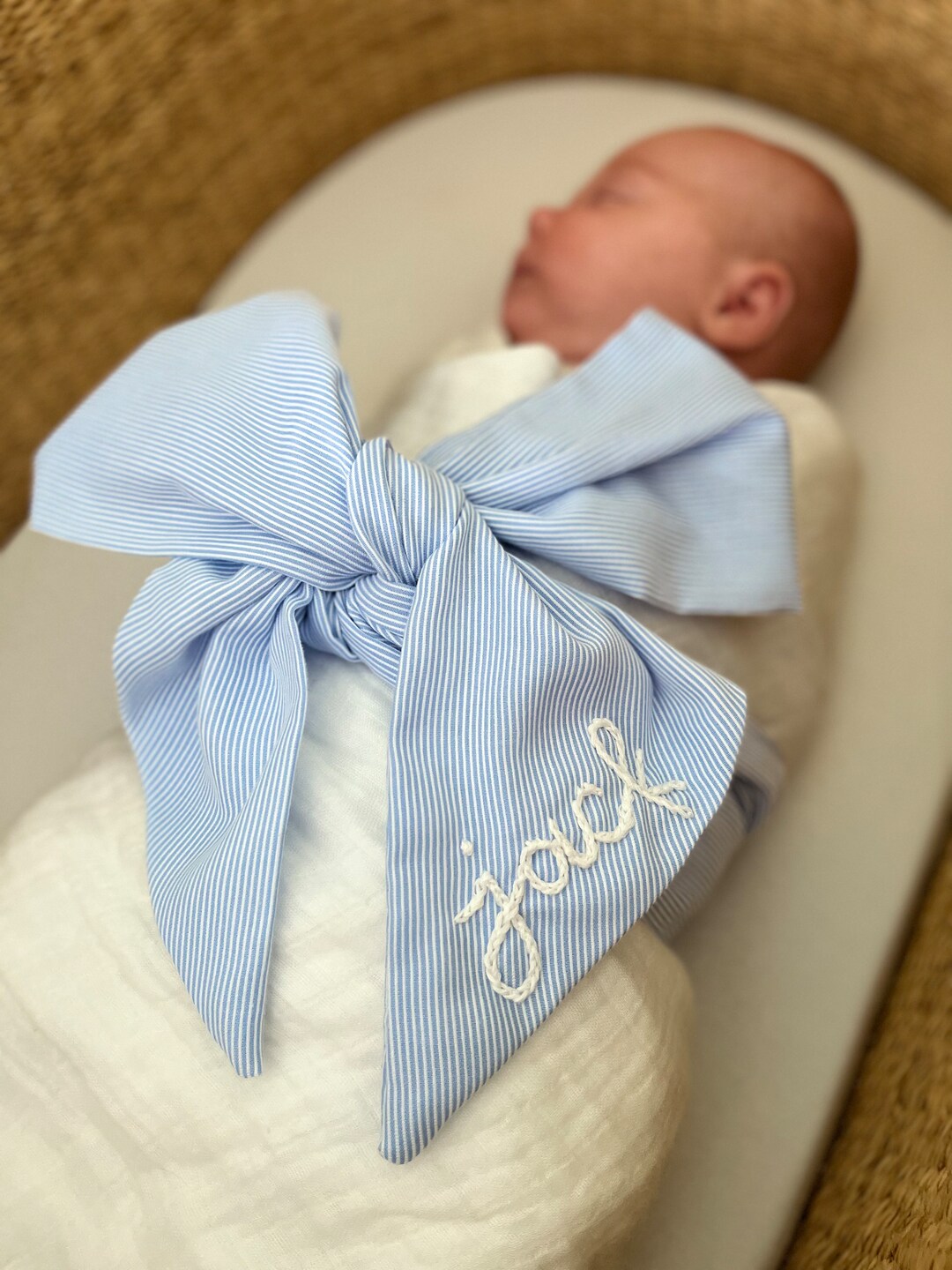 Custom Hand Embroidered Name Seersucker Baby Bow Swaddle Sash Etsy