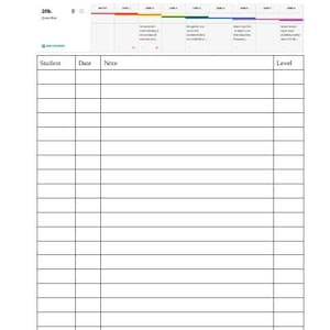 Puede incluir: Documento blanco con una tabla para el seguimiento del progreso del estudiante. La tabla incluye columnas para estudiante, fecha, nota y nivel. Encima de la tabla hay una barra de progreso colorida y campos para punto de control, clase y profesor.