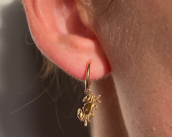 Gold Waterproof Crab Dangle Earrings, Dainty, Surf, Ocean, Beachy, Summer