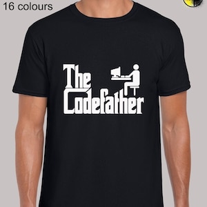 May include: Black t-shirt with white text that reads "The CodeFather" and a stick figure sitting at a computer.