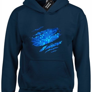 May include: A navy blue hoodie with a ripped design revealing a blue circuit board pattern.