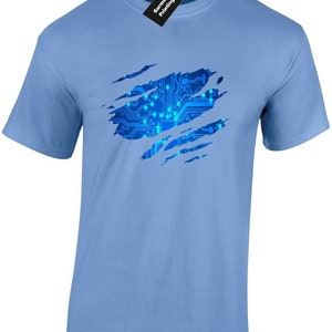 May include: A light blue t-shirt with a ripped design revealing a blue circuit board pattern.