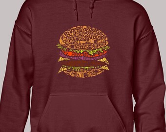 Burger Lover Hoodie Hoody Unisex Funny Joke Novelty Collage Design
