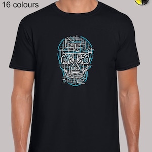 May include: Black t-shirt featuring a blue and white skull graphic. The skull is made up of circuit board lines. The text "Sizes: S - 5XL 16 colours" is at the top of the image.