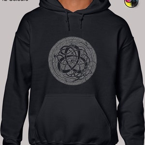 May include: A black hooded sweatshirt with a grey Celtic knot design in a circle on the front. The design is intricate and detailed.
