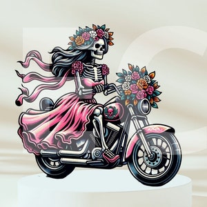 Scheletro di donna motociclista con fiori in PNG - Download istantaneo - Scheletro di primavera PNG, Scheletro della vecchia scuola