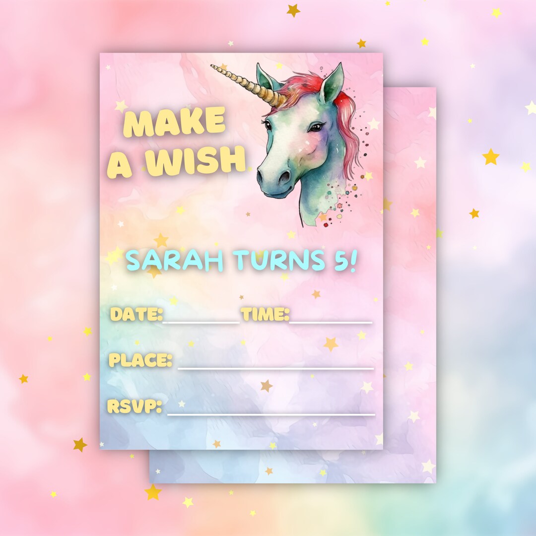 Girls Unicorn Birthday Invitation Card Template Customizable Etsy