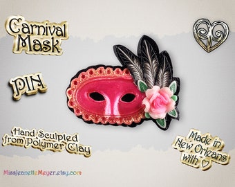 Feather Mardi Gras Mask Pin Handmade from Polymer Clay by New Orleans Artist Jeanette Meyer