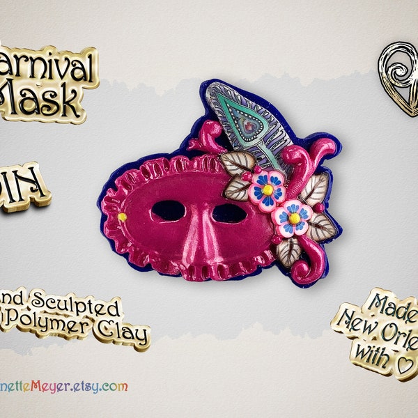 New Orleans Mardi Gras Mask Pin Hand Sculpted from Polymer Clay