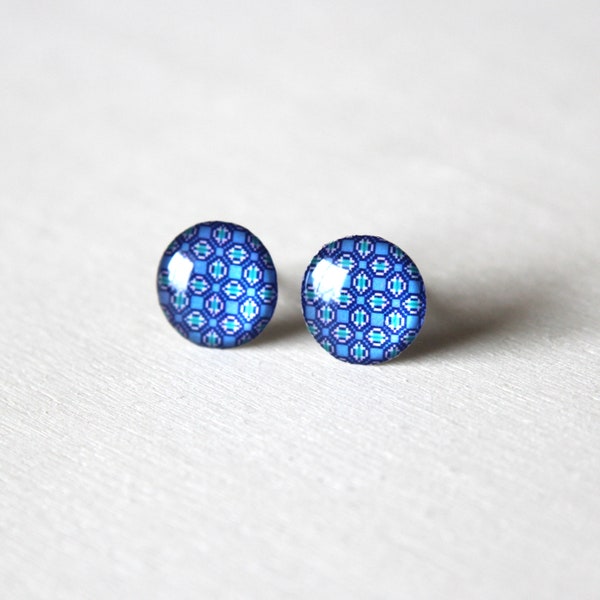 Dark Blue Leaf Pixel Bloom Mosaic Stud Earrings - 57