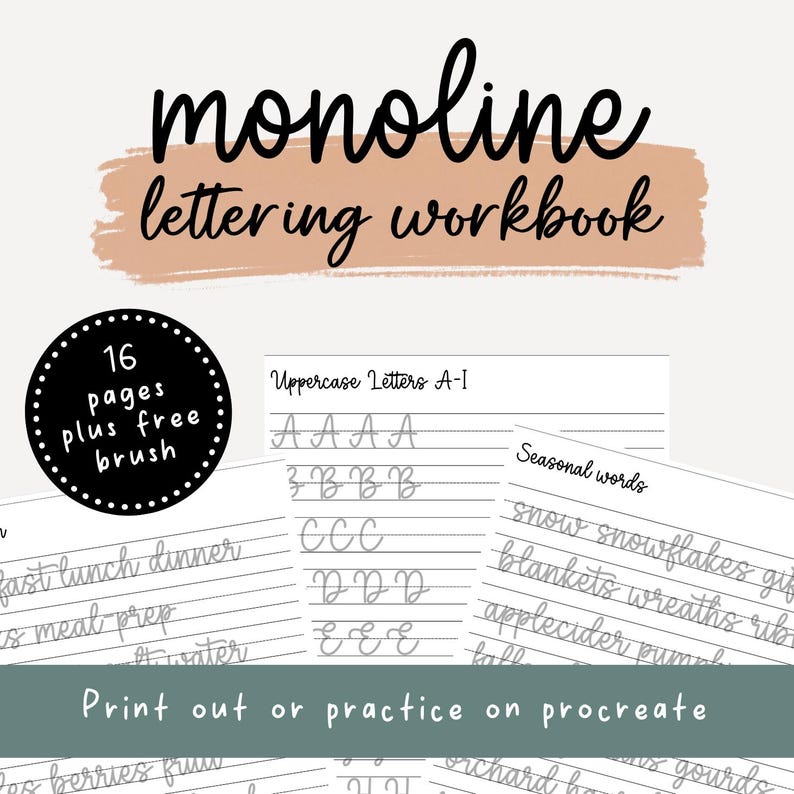 Monoline Hand Lettering Practice Pages, Digital Download, Procreate ...