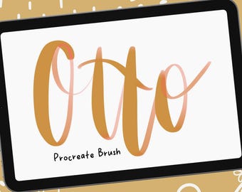 May include: A digital tablet displays the word "Otto" in a stylized, cursive font, with a peach-colored outline and a gold fill. Below the word is the text "Procreate Brush" in a simple sans-serif font. The background is a light brown color.