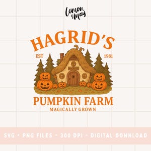May include: A whimsical illustration featuring a cottage with a thatched roof, surrounded by pumpkins and pine trees. The text reads "Hagrid's Pumpkin Farm" with "Magically Grown" below. The design includes the text "EST 1981".