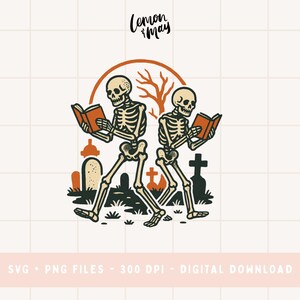 May include: Illustration of two skeletons walking in a graveyard, each reading a book. The skeletons are beige with black outlines, and the books are orange. The background includes tombstones, an orange arch, and the text "Lemon & May".