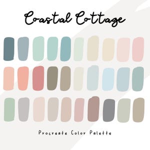 Könnte beinhalten: Eine Procreate-Farbpalette mit dem Titel "Coastal Cottage" mit 28 rechteckigen Farbfeldern in Blau-, Grün-, Rosa-, Beige- und Grautönen. Der Text "Procreate Color Palette" befindet sich unten.