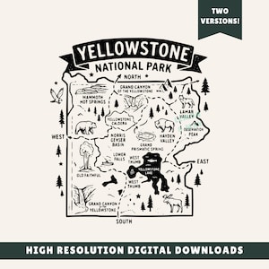 May include: A black and white illustrated map of Yellowstone National Park featuring landmarks like Old Faithful, Mammoth Hot Springs, and Yellowstone Lake. The design includes icons of a bear, wolf, and moose, with text labels for key locations.
