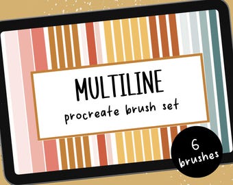 May include: A digital tablet displays a "MULTILINE procreate brush set" graphic. The background features vertical stripes in shades of orange, brown, and teal. A black circle indicates "6 brushes".