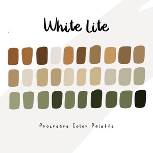 Puede incluir: Una paleta de colores digital para Procreate, titulada "White Lite", con muestras de color rectangulares en tonos marrones, beige y verdes. El texto está en estilo manuscrito.