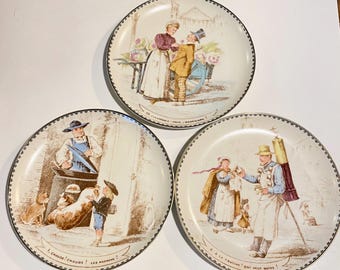 Vintage 1970s Set  of 3 Taste Setter Salad Plates With French Street Vendors Venders