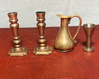 Vintage Dollhouse Dining Room Table Pieces: 2 Brass Candlestick Holders, Ewer and Goblet 1 In.