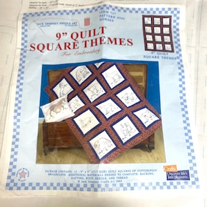 May include: A Jack Dempsey Needle Art quilt square embroidery pattern package titled 9 inch Quilt Square Themes Horses. The package includes 12 cotton-poly broadcloth squares featuring horse illustrations, with a blue and red patterned border.