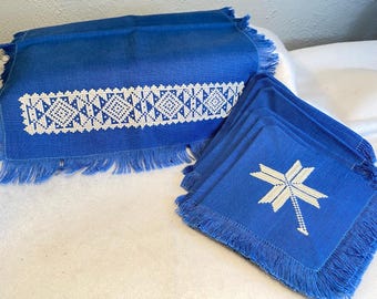Vintage Set 6 Cobalt Blue Placemats & Napkins Fringed Hand-Embroidered Hanukkah Christmas Snowflakes