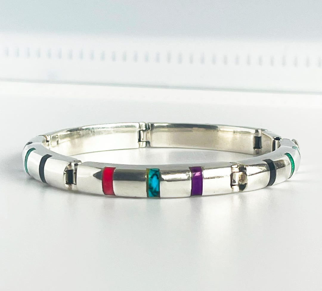 Vintage Taxco Mexico Sterling Silver 925 Multi-color Stone Inlay Link ...