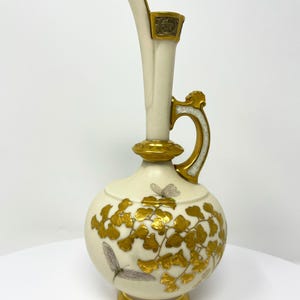Antique 1887 Royal Worcester Blush Ivory Porcelain Heirloom Ewer Jug Cruet with Gold Floral Design and Mayflies Butterfly