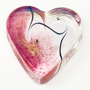 Robert Held Signed Iridescent Glass Heart Paperweight – Light Pink, Gold and Blue Swirl Design