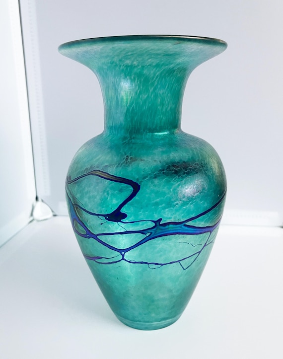 Robert Held Art Glass Vase: Iridescent Green Blue With Pearl Drip