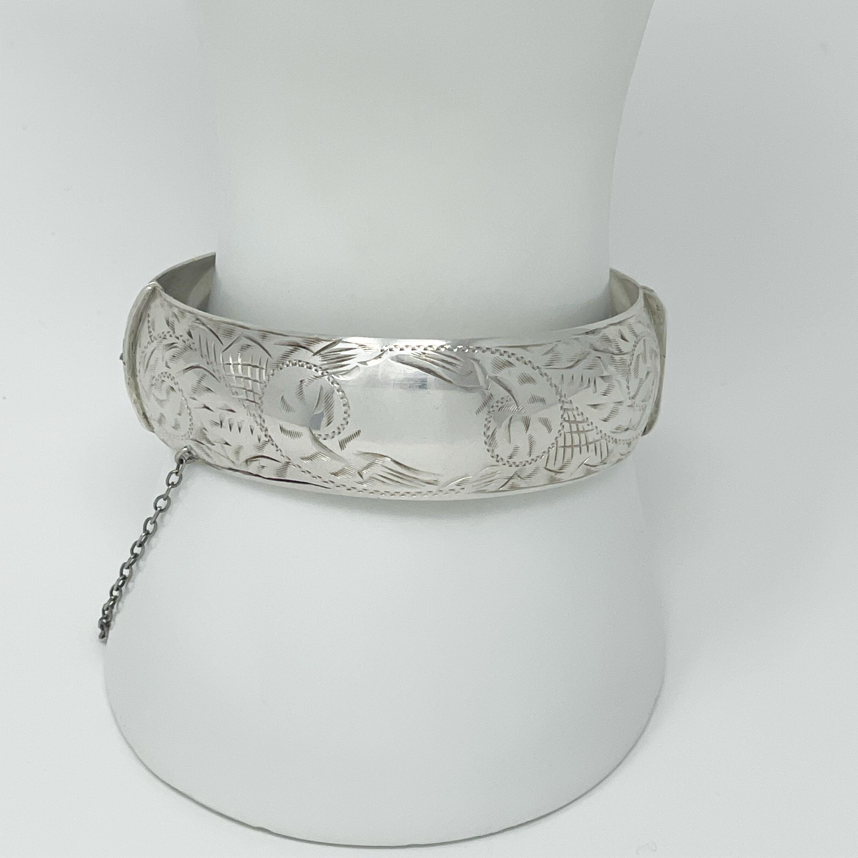 Vintage 1940 Sterling Silver 925 Bangle Floral Etchings, Wedding