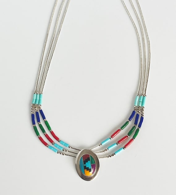 Gorgeous Vintage Native American Zuni Marked Inlay Malachite Sterling Silver Necklace Gorgeous Vintage Native American Zuni Marked Inlay Malachite Sterling Silver Necklace