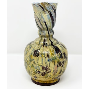 Murrhina Glass Art Vase Vasa with Gold Mica Flakes Circa 1900, yellow brown blue