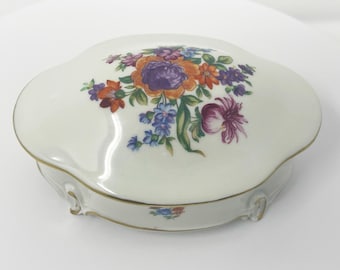 Vintage JLMenau Henneberg Porcelain Trinket Jewelry Lidded Box with Flowers Gold Trim