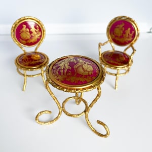 Vintage Limoges Doll Furniture Set, Red Porcelain & Gilded Brass Table 2 Chairs, Courting Couple Scene France