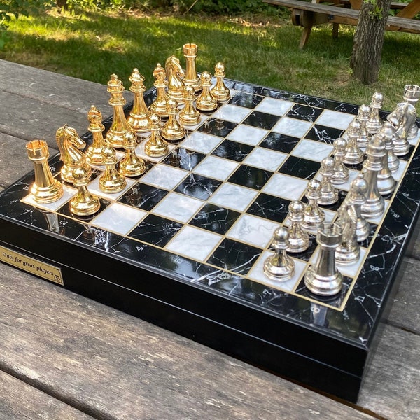 Personalized Gift Chess Set, Chess Board Sets with Metal Gold-Silver Chess Pieces, Christmas Gift for Him, Birthday Gift