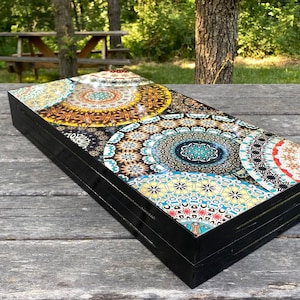 Wooden Backgammon Board Set | Mosaic Multicolor Wood | Medium Size | Wooden Greek Backgammon | Wooden Gifts