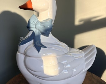 Vintage Mother Goose Cookie Jar, White Ceramic Goose, Blue Bow, Farmhouse Kitchen Decor