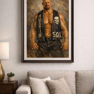 May include: Framed portrait of a bald man wearing a black vest with a skull and the number 501. The vest also has the word "AUSTIN" on it. He is wearing a gold chain and ring. The portrait is hanging on a white wall above a beige couch.