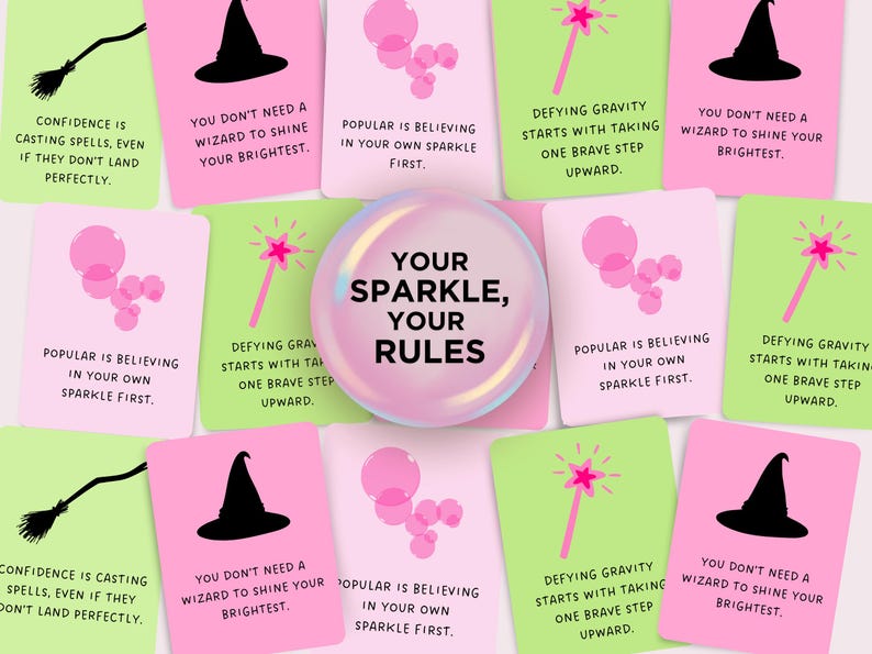May include: Pink and green cards with inspirational quotes about confidence, believing in yourself, and defying gravity. The cards feature illustrations of stars, wands, and witches' hats. The text on the cards reads "Your Sparkle, Your Rules".