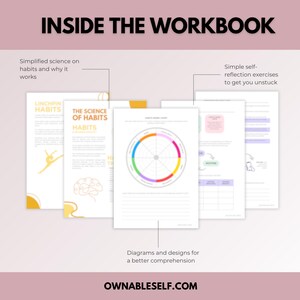 Preview pages of the habits workbook, featuring atomic habits worksheets, eating habits change exercises, and proven strategies to reset habits.