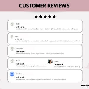 May include: A pink background with the text "CUSTOMER REVIEWS" in black. Five black stars are displayed below the text. Five customer reviews are shown with a black star rating and a short review from each customer. The reviews are from Trudy, Mary, Stephanie, Natalie, Grace, and Mandana.