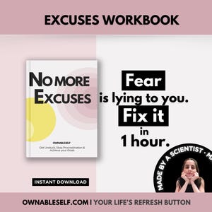 Excuses Workbook cover – Fear is lying to you. Fix it in 1 hour! A procrastination help workbook to stop making excuses and take control of your life.