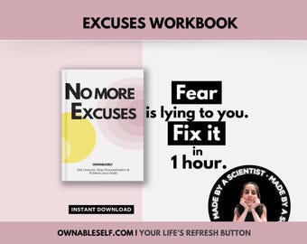 Overcome your Excuses Workbook, Procrastination Help, How to Beat Procrastination, Reset your Life Guide, How to Change Your Life