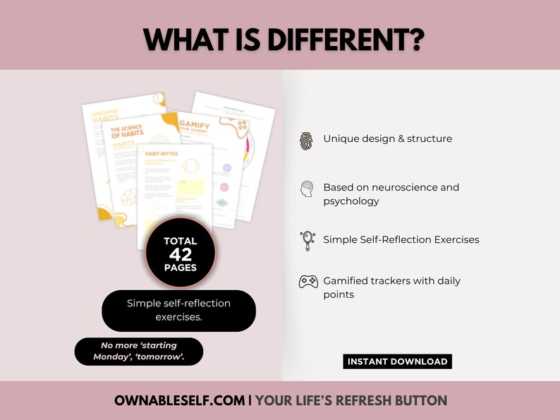 Unlike others, this habits workbook uses breaking bad habits psychology, gamification, and habit journal PDFs for effective, lasting results.