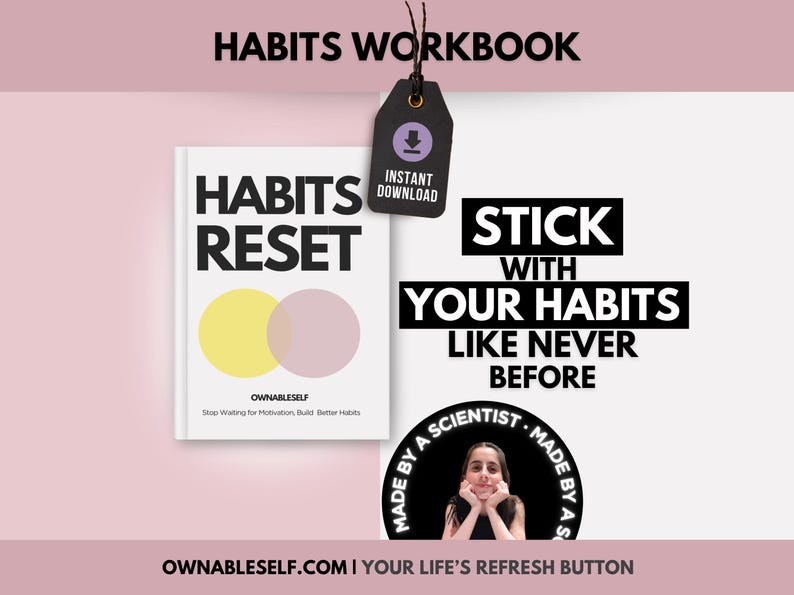 Habits Workbook cover – Stick with your habits like never before. A habit journal PDF based on breaking bad habits psychology. Instant download.