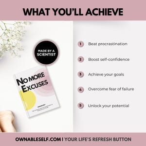 Overcome ADHD procrastination, stop self-sabotage, unlock your potential, and take control of your emotions with this excuses workbook.