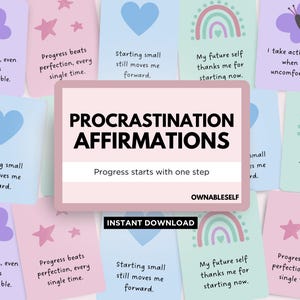 Tarjetas de afirmación sobre la procrastinación, PDF sobre la procrastinación, Cómo dejar de postergar, Herramientas para superar la procrastinación, Dejar de postergar, Imprimible