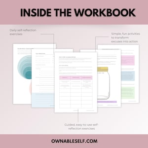 Inside pages of the Excuses Workbook – packed with reflection prompts, goal-setting tools, and exercises to beat procrastination.